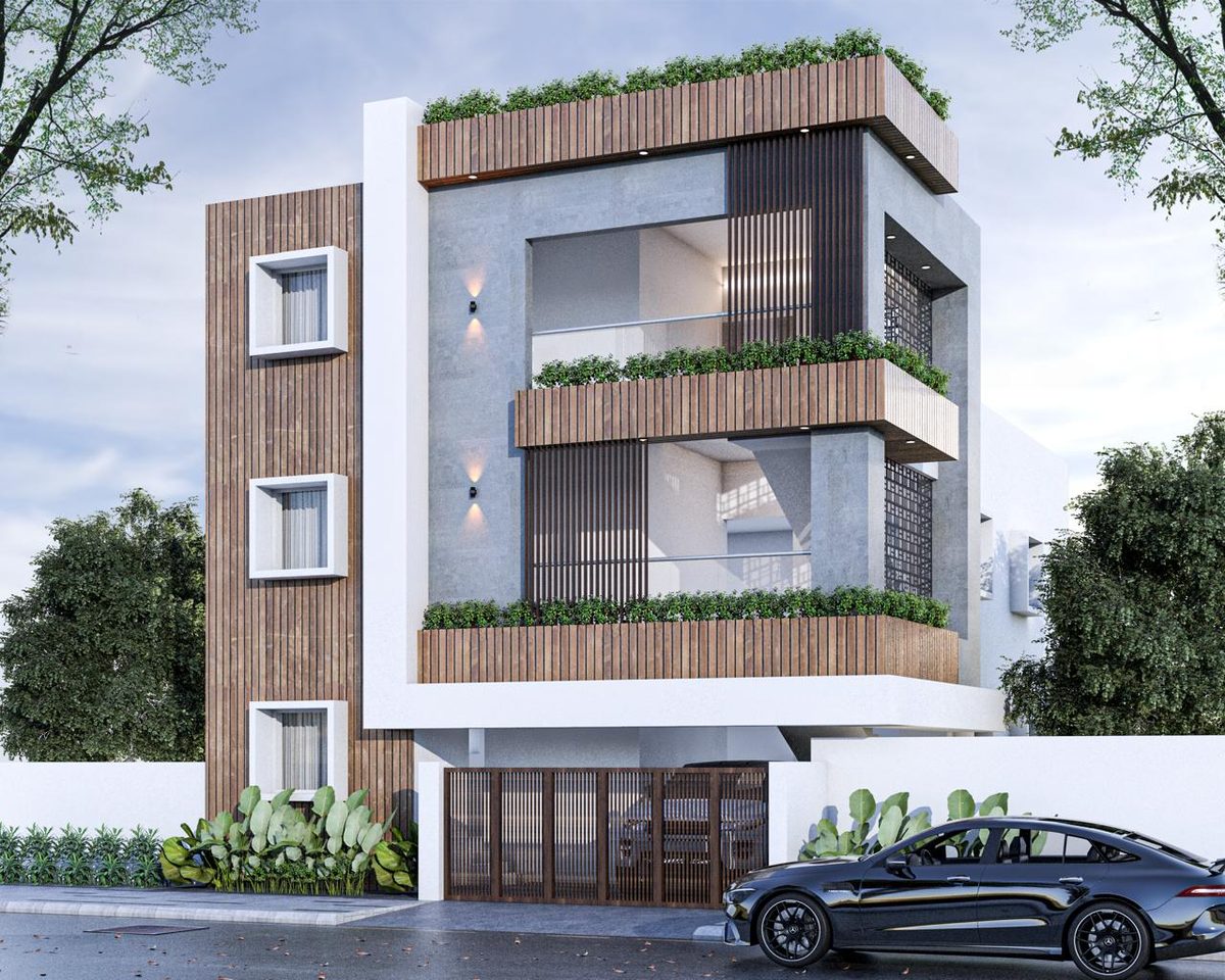 3D elevation design of a Ground + 2 residence with timber cladding and planter balconies, by Lakshmi Builders for a client in Neelambur