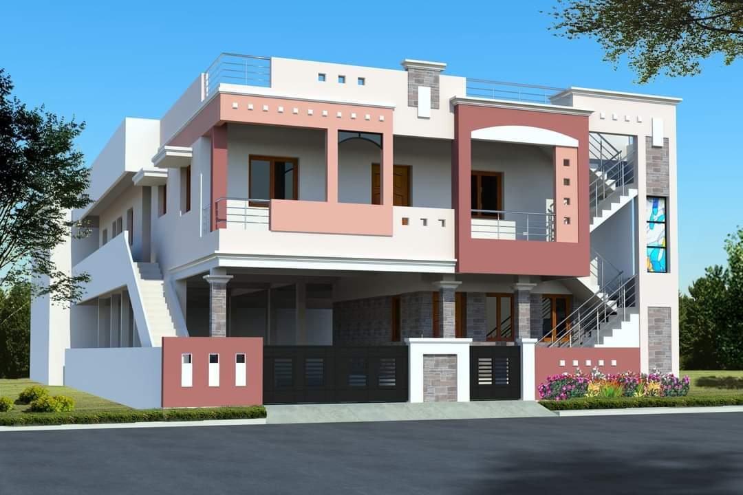 3D elevation design of a Ground + 1 residence with external staircases and terracotta-toned balconies, by Lakshmi Builders for a client in Sivanantha Colony